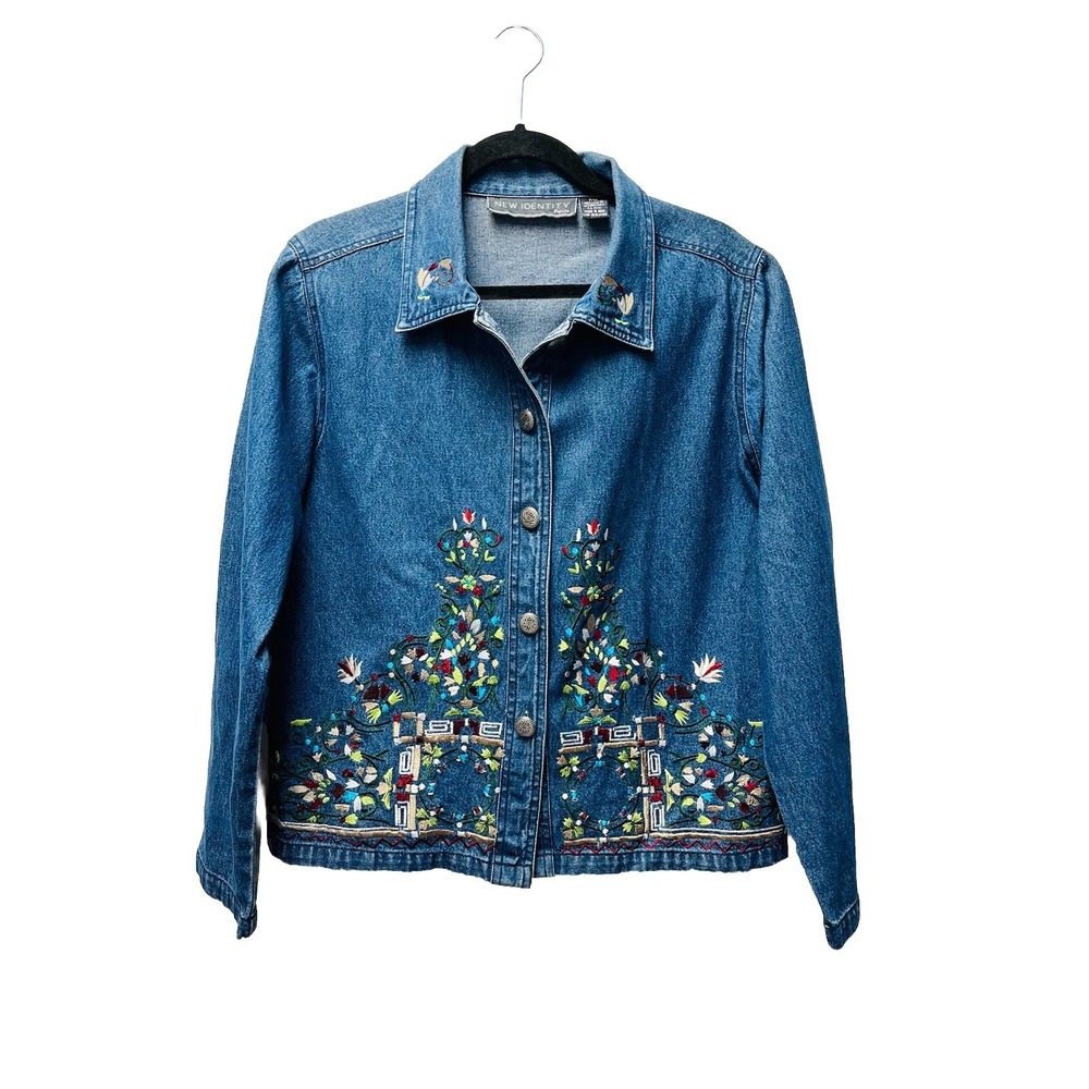 New Identity Petite Medium Denim Jacket Embroidered Artsy Boxy Boho Peasant Y2K